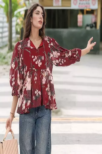 Navy blue tropical print angrakha style cotton kurta top