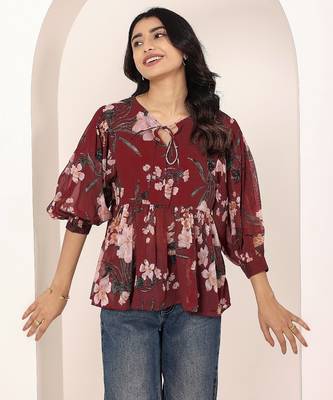 Navy blue tropical print angrakha style cotton kurta top 3