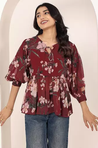 Navy blue tropical print angrakha style cotton kurta top