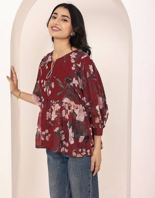 Navy blue tropical print angrakha style cotton kurta top 1