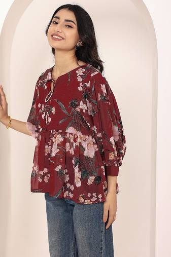 Navy blue tropical print angrakha style cotton kurta top