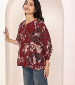 Navy blue tropical print angrakha style cotton kurta top