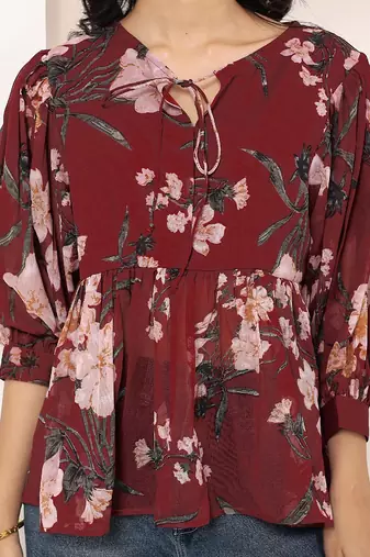 Navy blue tropical print angrakha style cotton kurta top