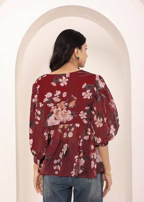 Navy blue tropical print angrakha style cotton kurta top 5