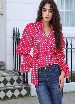 Navy blue tropical print angrakha style cotton kurta top 1