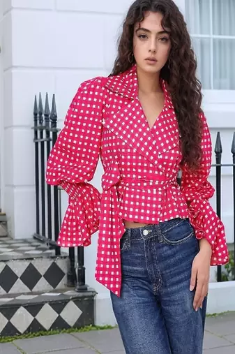 Navy blue tropical print angrakha style cotton kurta top