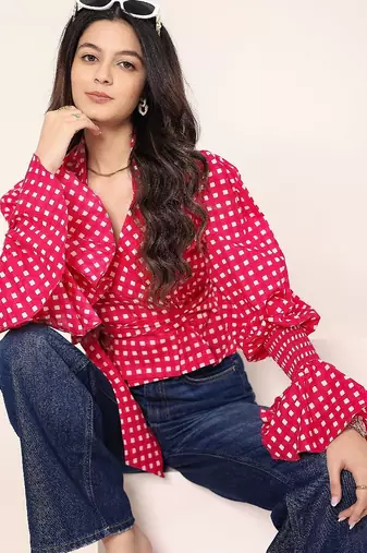 Navy blue tropical print angrakha style cotton kurta top