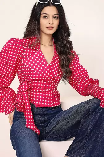 Navy blue tropical print angrakha style cotton kurta top