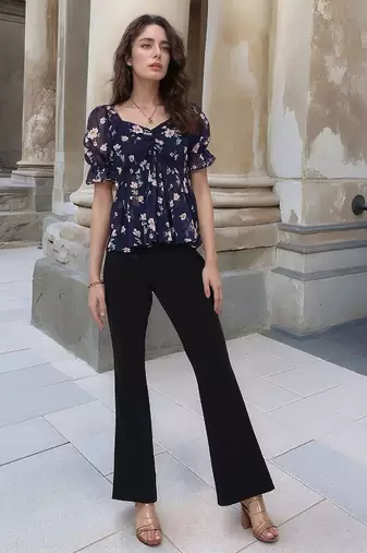 Navy blue tropical print angrakha style cotton kurta top