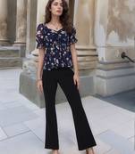 Navy blue tropical print angrakha style cotton kurta top