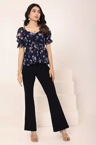 Navy blue tropical print angrakha style cotton kurta top