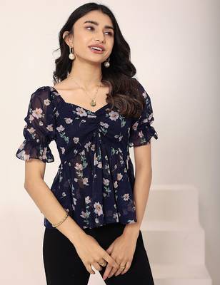 Navy blue tropical print angrakha style cotton kurta top 3
