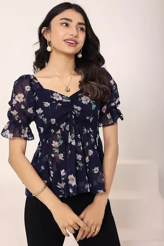 Navy blue tropical print angrakha style cotton kurta top