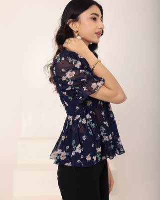 Navy blue tropical print angrakha style cotton kurta top 4