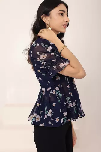 Navy blue tropical print angrakha style cotton kurta top