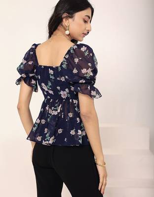 Navy blue tropical print angrakha style cotton kurta top 5
