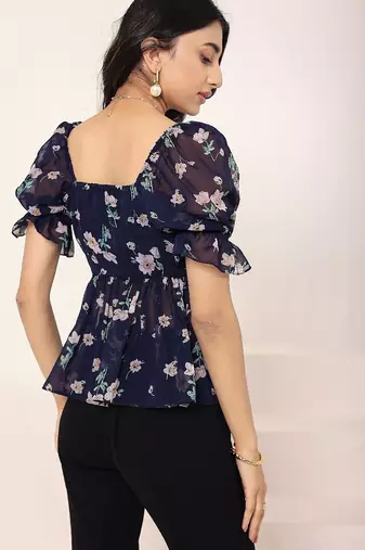 Navy blue tropical print angrakha style cotton kurta top