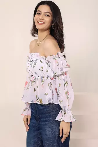 Navy blue tropical print angrakha style cotton kurta top