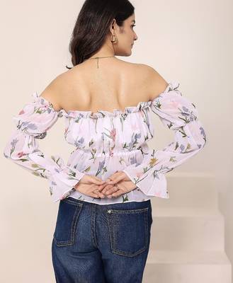 Navy blue tropical print angrakha style cotton kurta top 5