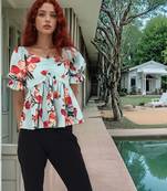 Navy blue tropical print angrakha style cotton kurta top