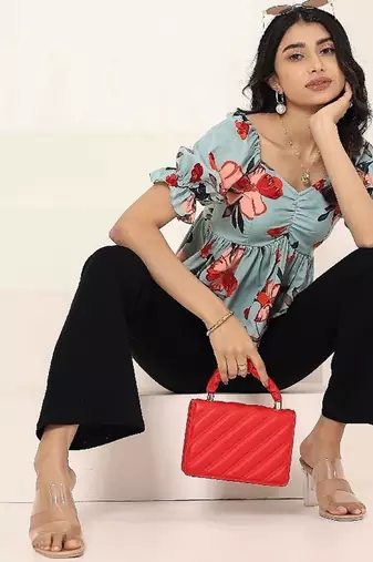 Navy blue tropical print angrakha style cotton kurta top