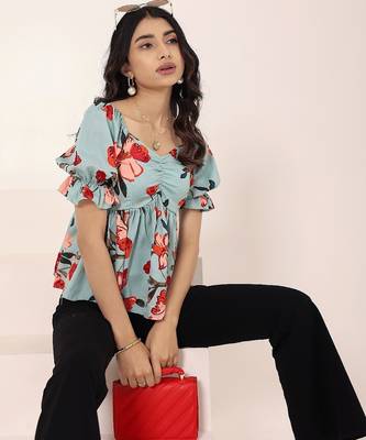 Navy blue tropical print angrakha style cotton kurta top 3
