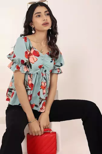 Navy blue tropical print angrakha style cotton kurta top