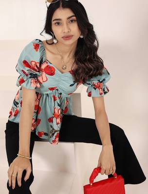 Navy blue tropical print angrakha style cotton kurta top 5