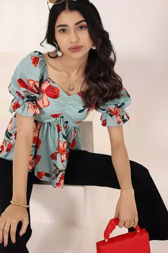 Navy blue tropical print angrakha style cotton kurta top