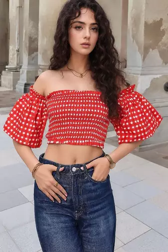 Navy blue tropical print angrakha style cotton kurta top