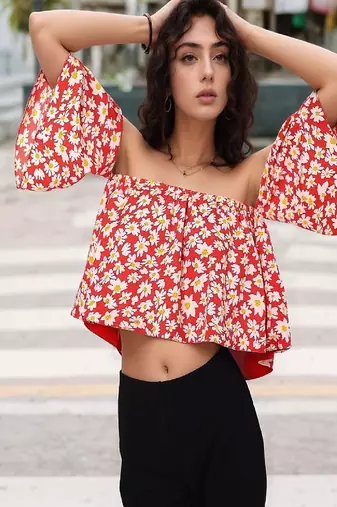 Navy blue tropical print angrakha style cotton kurta top