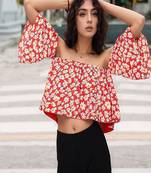 Navy blue tropical print angrakha style cotton kurta top