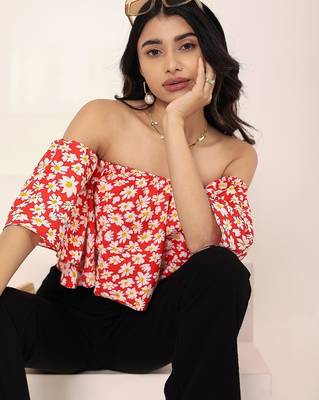 Navy blue tropical print angrakha style cotton kurta top 5