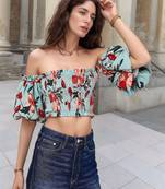 Navy blue tropical print angrakha style cotton kurta top