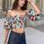Navy blue tropical print angrakha style cotton kurta top