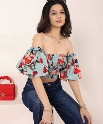 Navy blue tropical print angrakha style cotton kurta top 3