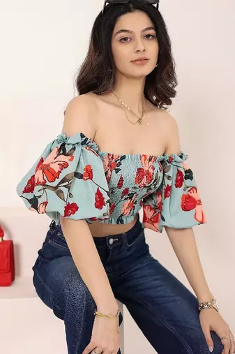Navy blue tropical print angrakha style cotton kurta top