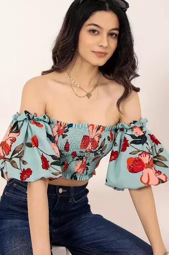 Navy blue tropical print angrakha style cotton kurta top