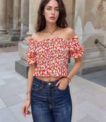 Navy blue tropical print angrakha style cotton kurta top