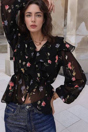 Navy blue tropical print angrakha style cotton kurta top