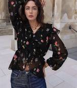 Navy blue tropical print angrakha style cotton kurta top