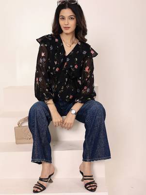 Navy blue tropical print angrakha style cotton kurta top 2