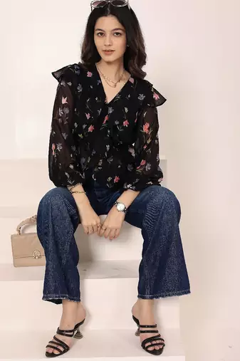 Navy blue tropical print angrakha style cotton kurta top