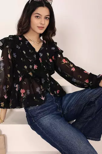 Navy blue tropical print angrakha style cotton kurta top