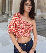 Navy blue tropical print angrakha style cotton kurta top