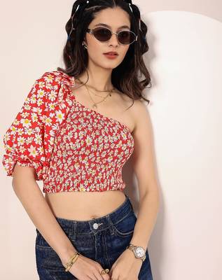 Navy blue tropical print angrakha style cotton kurta top 4