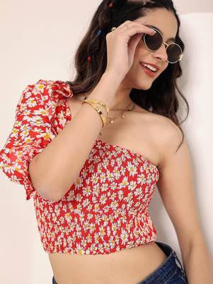 Navy blue tropical print angrakha style cotton kurta top 5