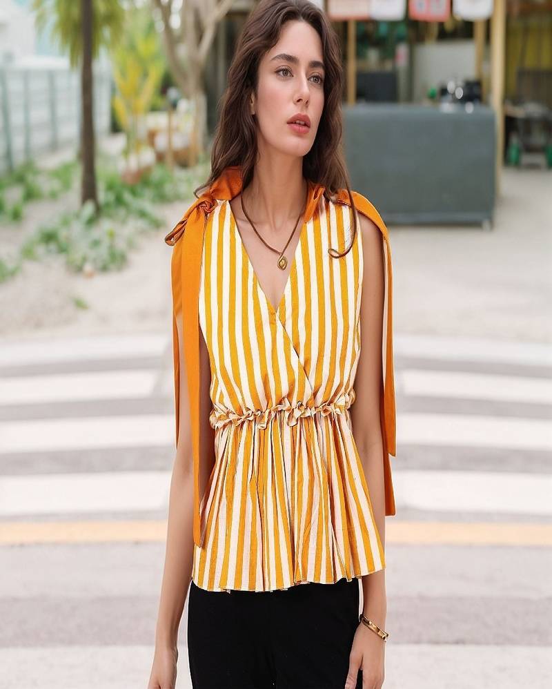 Navy blue tropical print angrakha style cotton kurta top