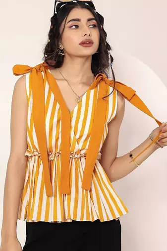 Navy blue tropical print angrakha style cotton kurta top