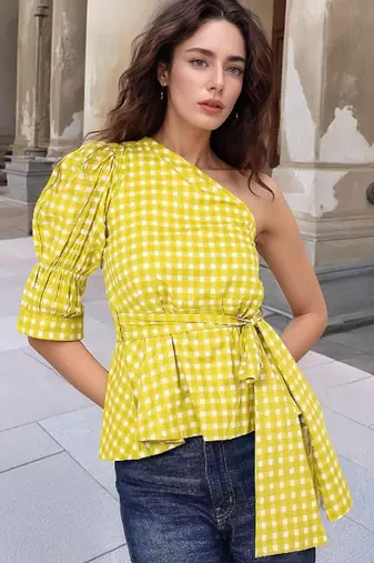 Navy blue tropical print angrakha style cotton kurta top